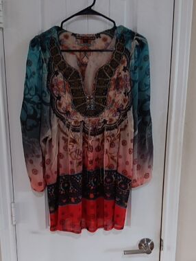 Mushka by Sienna Rose Boho Sheer Tunic Blouse Beaded Lace Trim XL